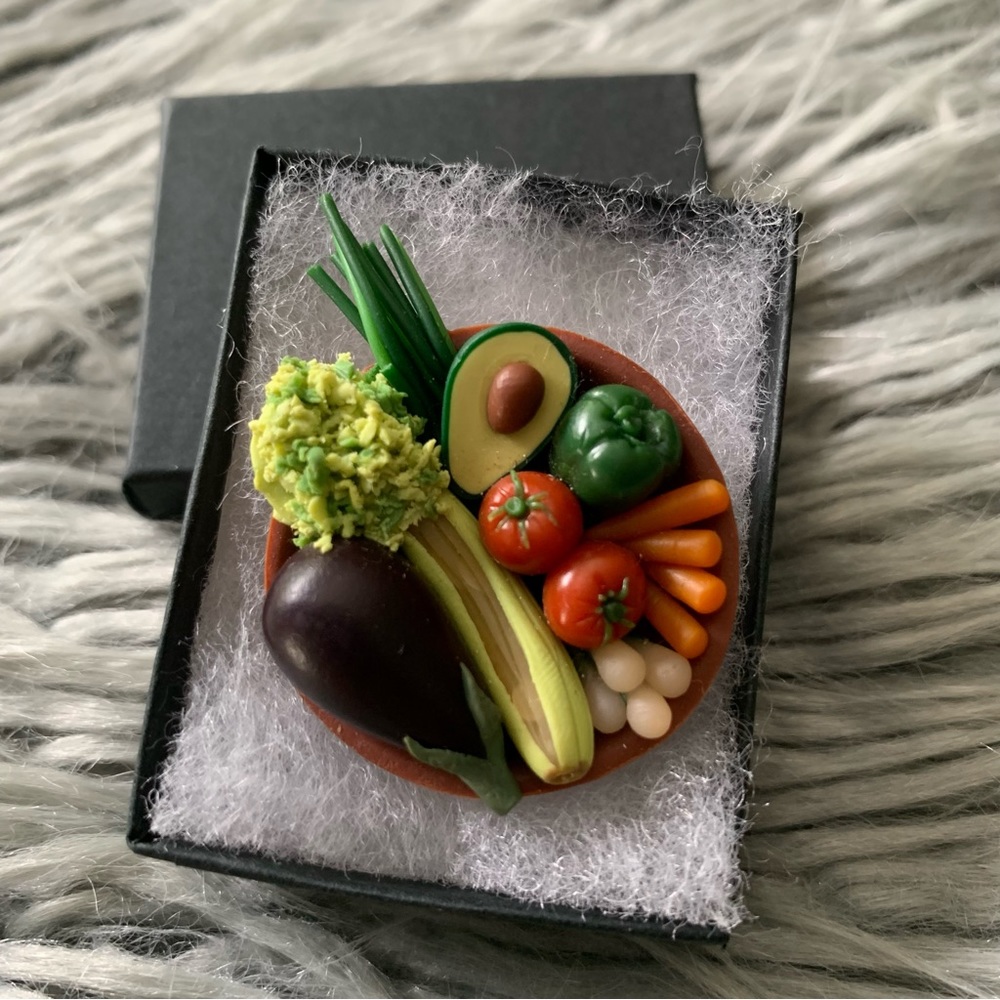 Vintage Miniature Vegetable Bowl Pin - Avocado, Eggplant & Tomatoes etc